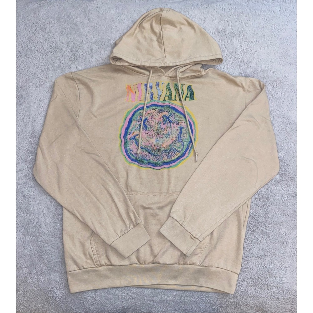 2023 Nirvana Band Hoodie Sweatshirt Beige Tan Smiley Face Emoji Men Extra Large
